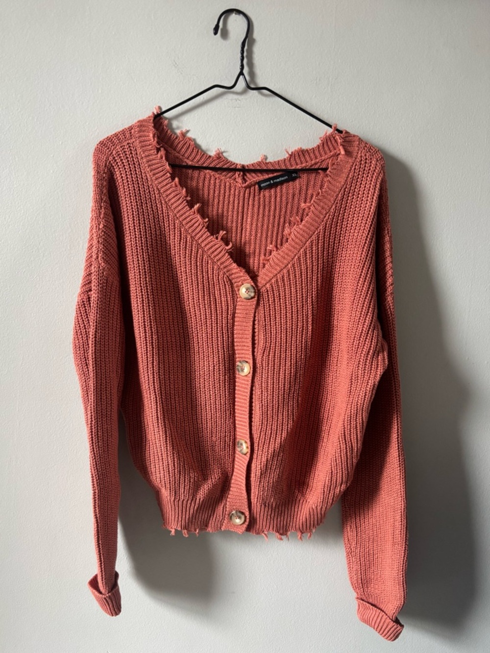 moon & madison Coral Distressed V-Neck Button Cardigan